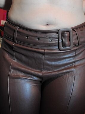 Faux Leather High-Waist Brown Skinny Pants with Detachable Belt